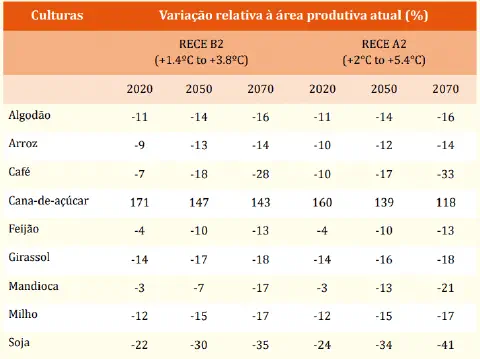 uma tabela informativa que projeta a variação percentual da área produtiva para diversas culturas agrícolas no