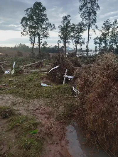 cenário de devastação em uma área rural, provavelmente após a ocorrência de um desastre natural, como uma