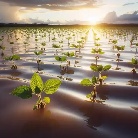 vasta lavoura de soja em estágio inicial de desenvolvimento, com as jovens plântulas brotando em fileira