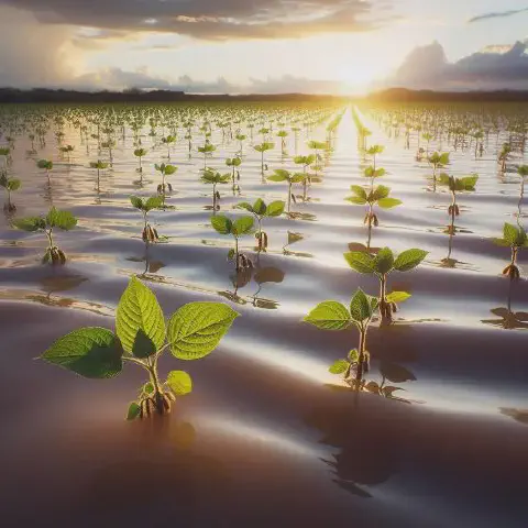 vasta lavoura de soja em estágio inicial de desenvolvimento, com as jovens plântulas brotando em fileira