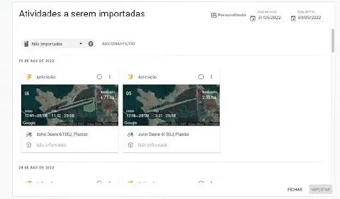 a tela 'Atividades a serem importadas' de um software de gestão agrícola, como o Aegro. Esta interface permite