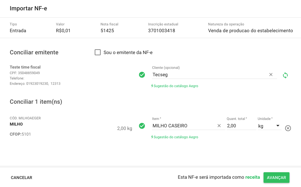 Importação de NF-e: Automatize sua Gestão Fiscal no Aegro a tela de importação de Nota Fiscal Eletrônica (NF-e) do software de gestão agrícola Aegro. O processo demonst