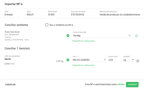 a tela de importação de Nota Fiscal Eletrônica (NF-e) do software de gestão agrícola Aegro. O processo demonst