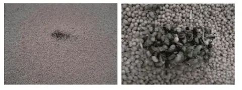 composição de duas fotos que ilustram o problema de impurezas em grãos colhidos, provavelmente soja. A foto da