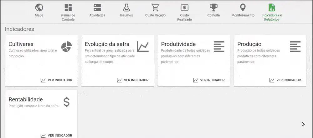 GIF que exibe a tela de 'Indicadores e Relatórios' do software de gestão agrícola Aegro. O menu superior mostra
