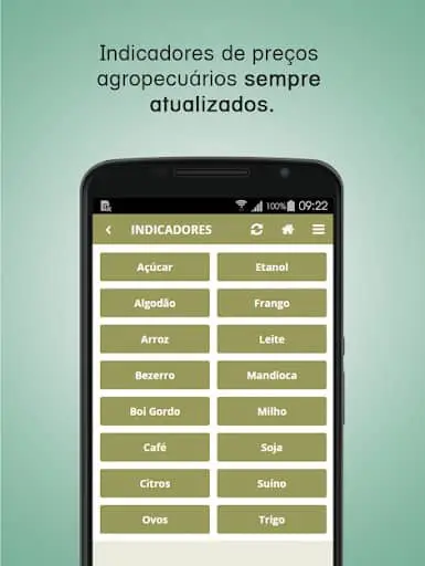 Indicadores de Preços Agropecuários no seu Celular a tela de um smartphone com um aplicativo de gestão agrícola aberto na funcionalidade ‘Indicadores’. O fundo é