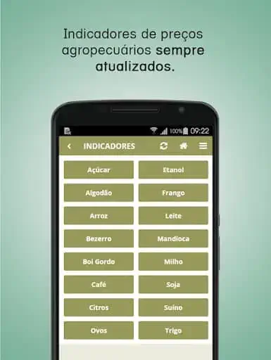 a tela de um smartphone com um aplicativo de gestão agrícola aberto na funcionalidade 'Indicadores'. O fundo é