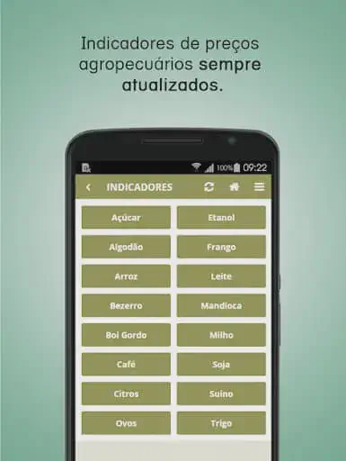 a tela de um smartphone com um aplicativo de gestão agrícola aberto na funcionalidade 'Indicadores'. O fundo é