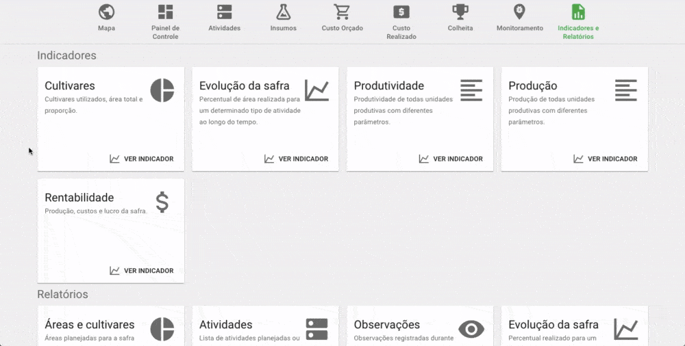 Indicadores e Relatórios Agrícolas no Software Aegro GIF que exibe a tela de ‘Indicadores e Relatórios’ do software de gestão agrícola Aegro. A interface apresenta