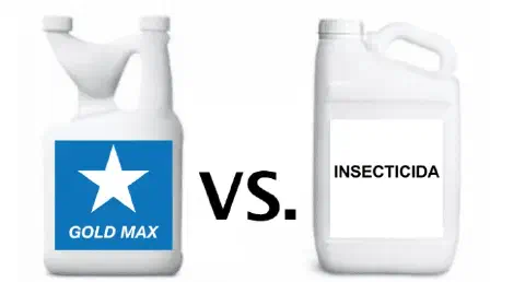 uma comparação visual entre dois galões de insumos agrícolas sobre um fundo branco. À esquerda, um galão de de