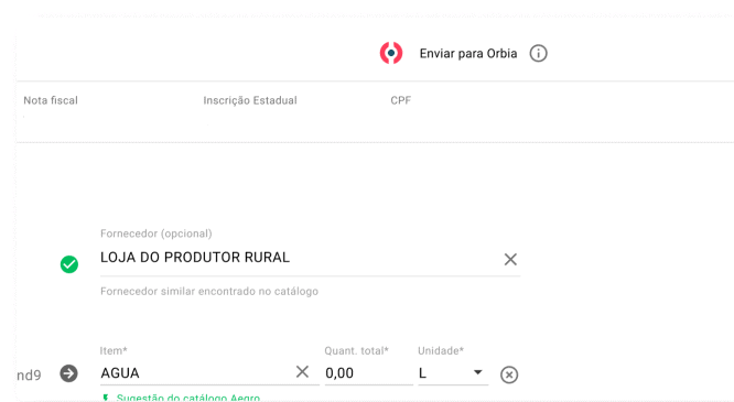 Integração Aegro e Orbia: Lance Notas Fiscais na Plataforma uma captura de tela da interface do software de gestão agrícola Aegro, especificamente a funcionalidade de lan
