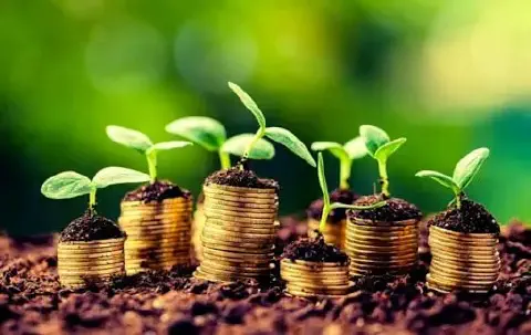 uma representação metafórica da relação entre agricultura e finanças. Em primeiro plano, sobre um solo fértil