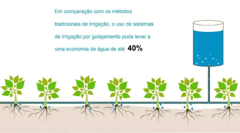 ilustração didática que demonstra o funcionamento e a principal vantagem do sistema de irrigação por gotejamen
