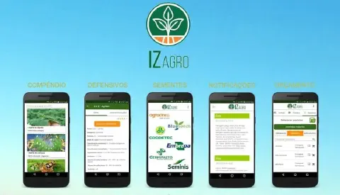 material promocional para o aplicativo móvel 'IZAGRO', projetado para o setor agrícola. No topo, o logotipo e o
