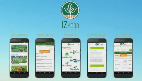 material promocional para o aplicativo móvel 'IZAGRO', projetado para o setor agrícola. No topo, o logotipo e o