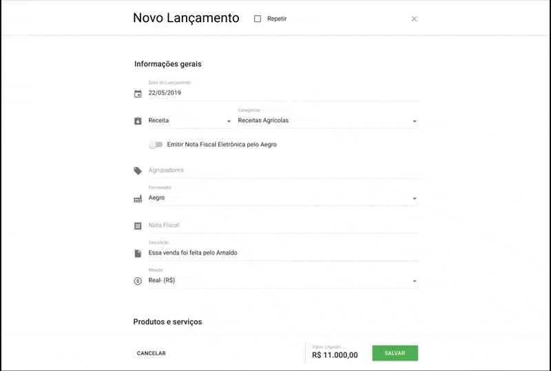 Lançamento de Receitas no Software de Gestão Agrícola Aegro a tela de ‘Novo Lançamento’ do software de gestão agrícola Aegro, especificamente um formulário para registrar