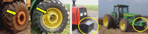 montagem que exibe diferentes tipos de lastros, ou contrapesos, utilizados em tratores agrícolas. Nas duas pri