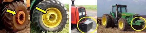 montagem que exibe diferentes tipos de lastros, ou contrapesos, utilizados em tratores agrícolas. Nas duas pri