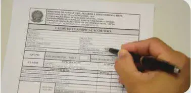 close-up da mão de uma pessoa preenchendo um documento oficial com uma caneta preta. O formulário é um 'Lau