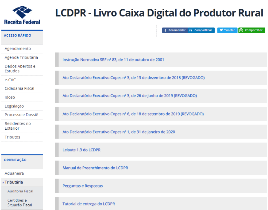 uma captura de tela do site oficial da Receita Federal do Brasil, especificamente a página dedicada ao LCDPR -