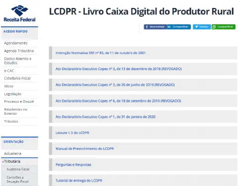 uma captura de tela do site oficial da Receita Federal do Brasil, especificamente a página dedicada ao LCDPR -