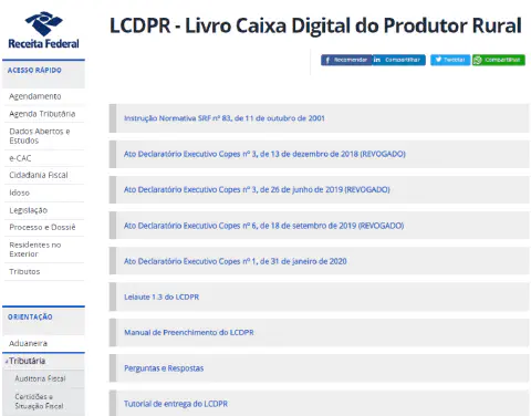 uma captura de tela do site oficial da Receita Federal do Brasil, especificamente a página dedicada ao LCDPR -