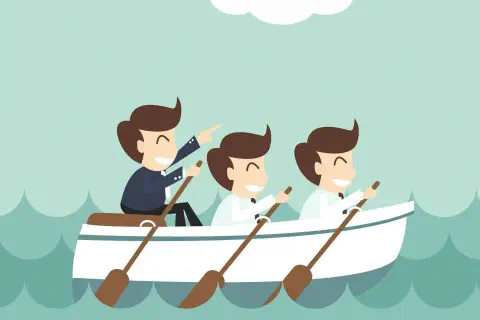 Ilustração em estilo cartoon que retrata três homens de negócios remando em sincronia em um barco branco sobre um mar de onda