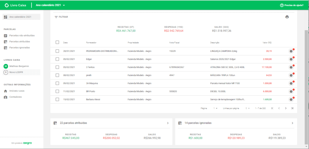 a tela da funcionalidade ‘Livro Caixa’ do software de gestão rural Aegro, referente ao ano calendário de 2021.