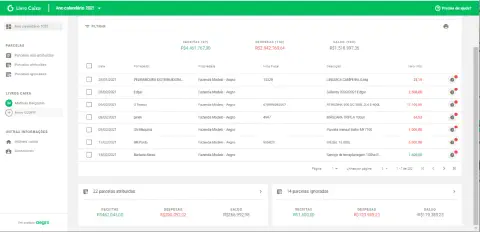a tela da funcionalidade 'Livro Caixa' do software de gestão rural Aegro, referente ao ano calendário de 2021.