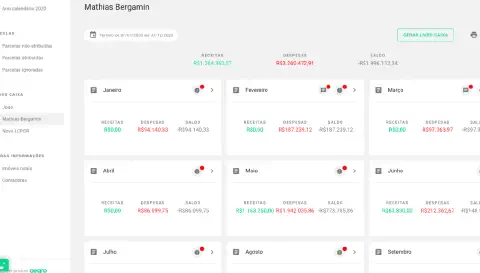 a tela da funcionalidade 'Livro Caixa' do software de gestão rural Aegro. A interface apresenta um painel de c
