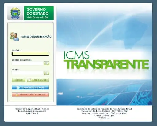 Login ICMS Transparente SEFAZ MS: Acesso do Produtor Rural a tela de login do portal ‘ICMS Transparente’ do Governo do Estado de Mato Grosso do Sul. À esquerda, um paine