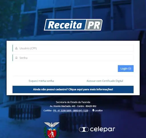 a tela de login do portal ‘Receita PR’, o sistema online da Secretaria de Estado da Fazenda do Paraná. A inter