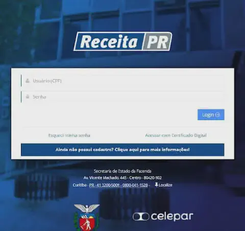 a tela de login do portal 'Receita PR', o sistema online da Secretaria de Estado da Fazenda do Paraná. A inter