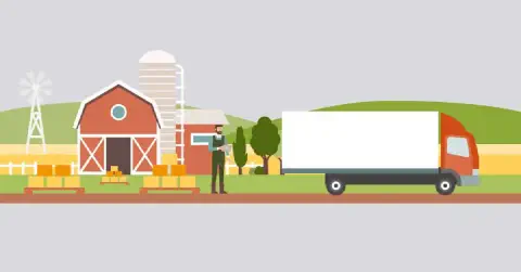 ilustração em estilo flat design que retrata uma cena de logística em uma fazenda. Em primeiro plano, um agric