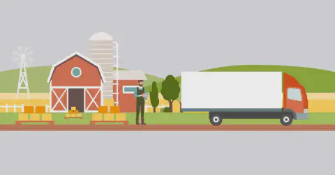 ilustração em estilo flat design que retrata uma cena de logística em uma fazenda. Em primeiro plano, um agric