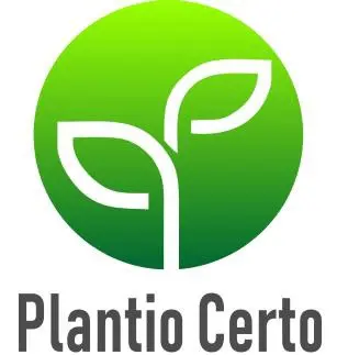o logotipo da marca ‘Plantio Certo’. O design é composto por um ícone circular com um gradiente de verde, mais
