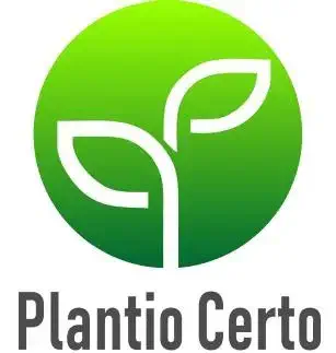 o logotipo da marca 'Plantio Certo'. O design é composto por um ícone circular com um gradiente de verde, mais