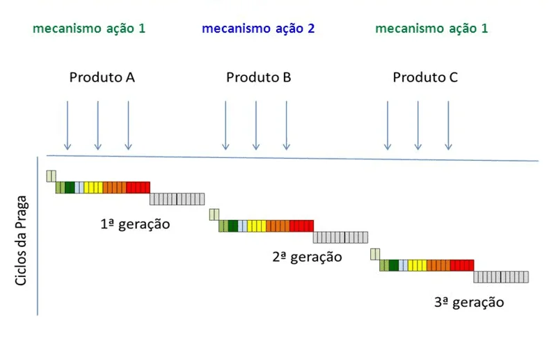 diagrama esquemático que ilustra uma estratégia de manejo de resistência de pragas na agricultura. O eixo v