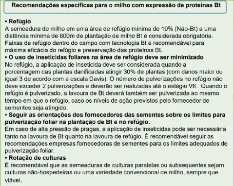 A imagem consiste em um texto informativo com fundo verde claro, intitulado 'Recomendações específicas para o milho com expre