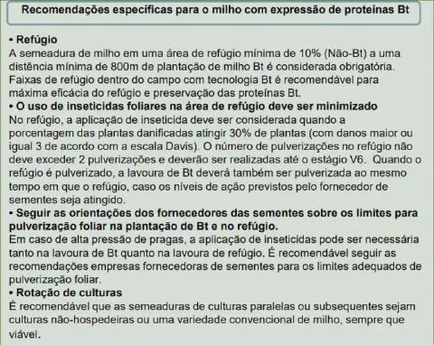 A imagem consiste em um texto informativo com fundo verde claro, intitulado 'Recomendações específicas para o milho com expre