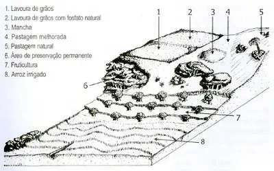 desenho técnico em preto e branco que ilustra diferentes sistemas de produção e usos da terra em uma paisagem r