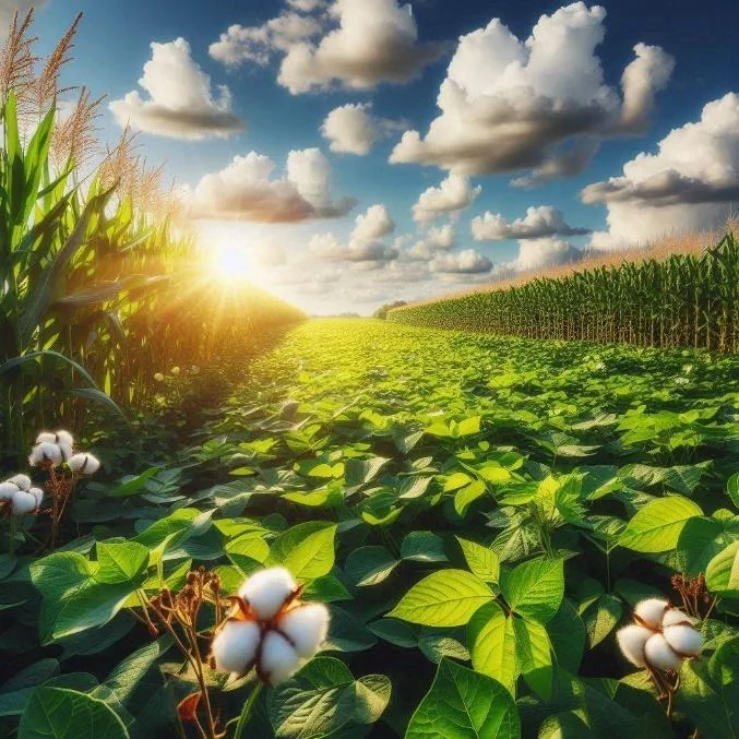 uma paisagem agrícola vibrante e idealizada ao amanhecer ou entardecer. Em primeiro plano, capulhos de algodão