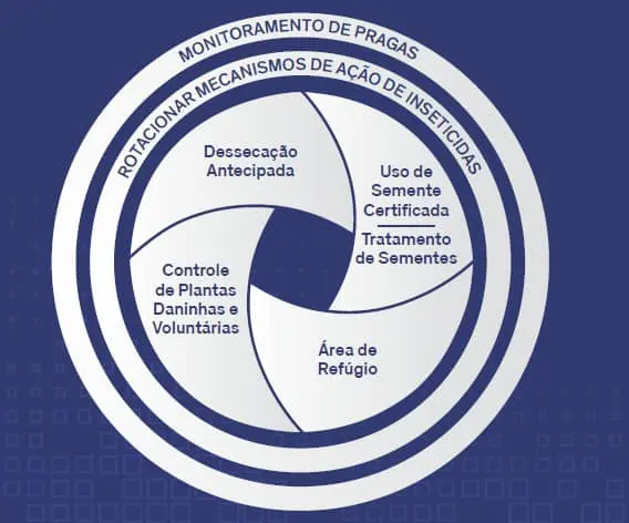infográfico circular que detalha um conjunto de estratégias para o Manejo Integrado de Pragas (MIP) na agricult
