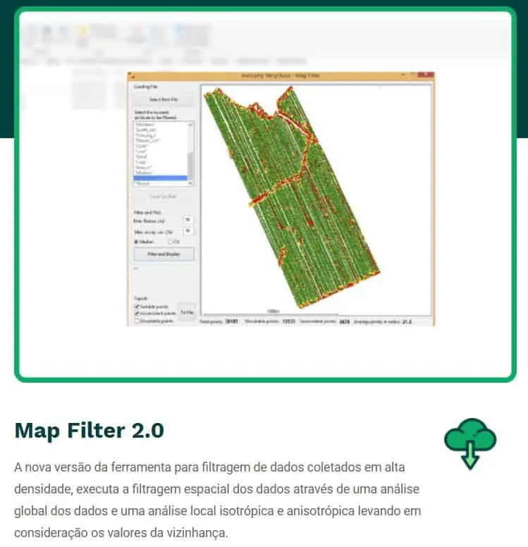 a interface de um software chamado ‘Map Filter 2.0’, uma ferramenta de análise de dados para agricultura de pr