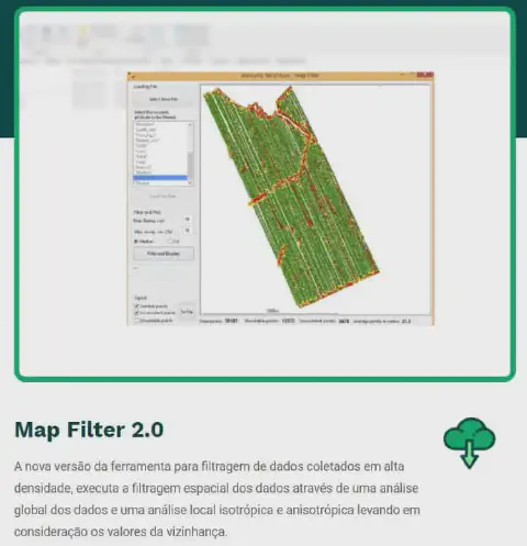 a interface de um software chamado 'Map Filter 2.0', uma ferramenta de análise de dados para agricultura de pr