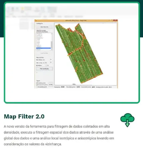 a interface de um software chamado 'Map Filter 2.0', uma ferramenta de análise de dados para agricultura de pr