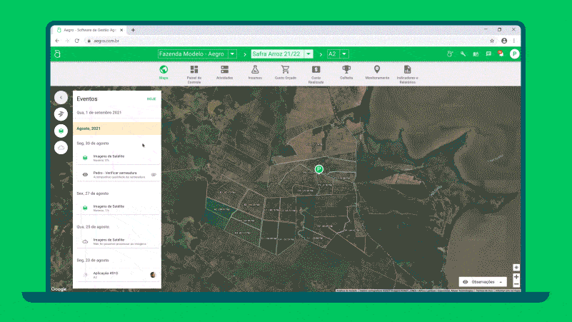 GIF que exibe a interface do software de gestão agrícola Aegro, especificamente a funcionalidade de Mapa. A tel