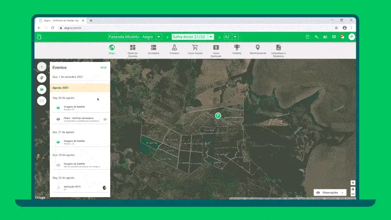 GIF que exibe a interface do software de gestão agrícola Aegro, especificamente a funcionalidade de Mapa. A tel