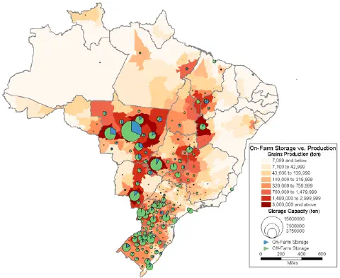 Este é um mapa temático do Brasil que ilustra a relação entre a produção de grãos e a capacidade de armazenamento em diferent