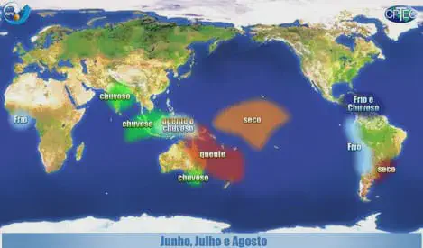mapa-múndi que ilustra os padrões climáticos globais para o período de junho, julho e agosto. Sobre os cont